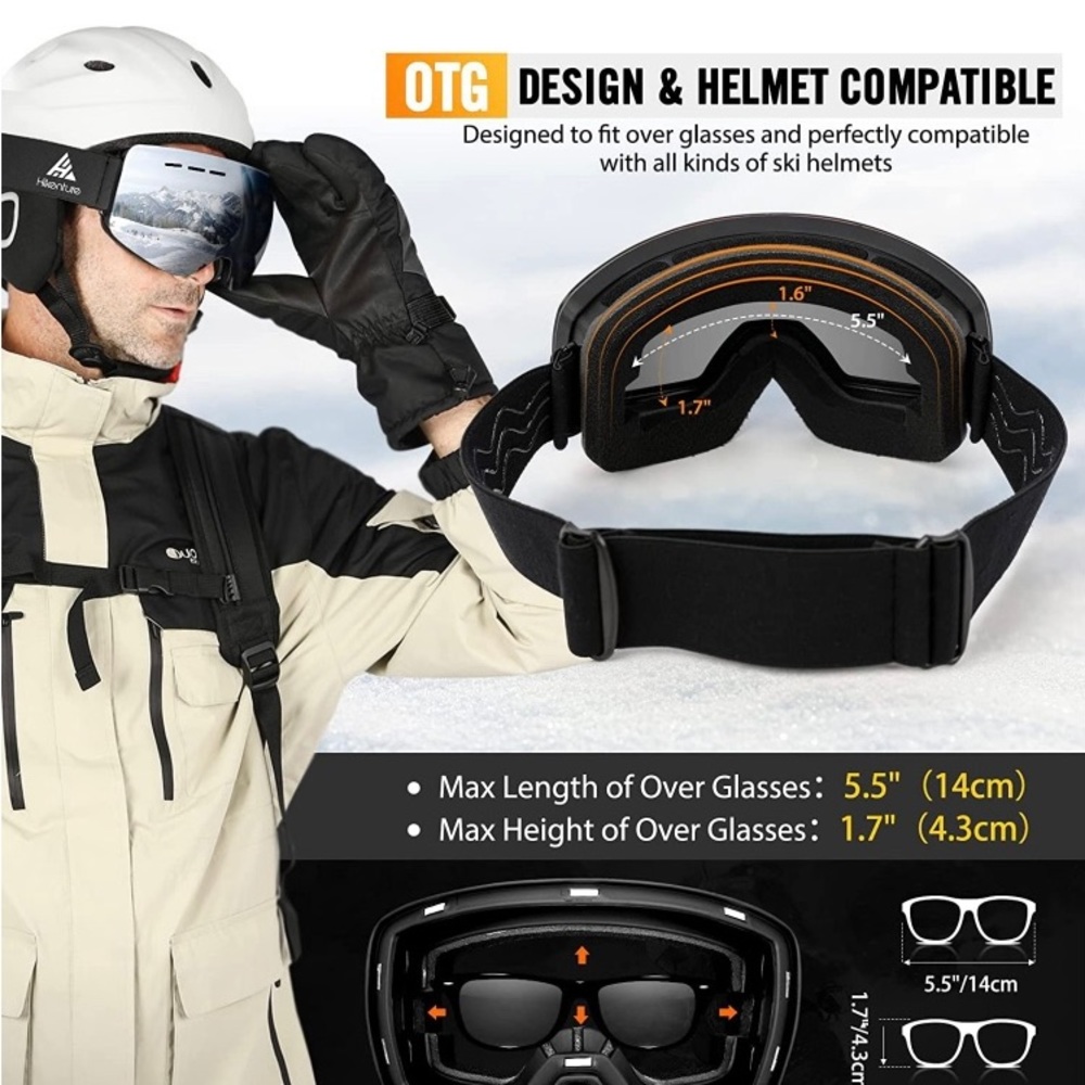 Hikenture Magnetic Ski Goggles, Snowboard Goggles Over Glasses, Anti Fog